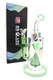 Green-accented 6B Glass water pipe with cone showerhead perc, curved mouthpiece, glass bowl, tag, and branded box