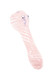 Pink swirl-striped clear glass chillum shown at an angle with a rounded bowl and purple side accents