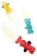 Three 8" knife-shaped glass spoon pipes with clear blades and yellow, blue, or red frit handles and marble accents