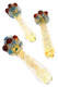 Three 5.5" glass spoon pipes with amber spiral linework, blue bowl accents, and raised reddish glass marbles