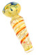 Single fumed glass spoon pipe with orange spiral stripes, blue floral bowl accent, rounded bowl, and side carb