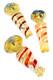 Three 4.5" fumed glass spoon pipes with red and orange swirl stripes, blue bowl accents, and floral details