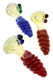 Three 4.5" glass spoon pipes with blue or red twisted frit handles, clear bowls, and raised colored marbles