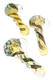 Three 5-inch color-changing glass spoon pipes with dichro spiral accents, clear raised spikes, blue glass detailing, and sculpted side loops.