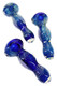 Three blue glass spoon pipes arranged at varied angles to show rounded bowls and layered bubble-net detailing