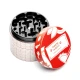 Takeout-themed Hemper metal grinder displayed on white to highlight its printed exterior design