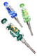 Assorted 7.5" 6B Glass fluid-filled dab straws in blue, green, and teal with removable metal tips.