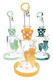 Assorted 9.5-inch 6B Glass stemless water pipes with bent necks, devil-themed stemline percolators, colored glass accents, and matching glass bowls.