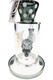 Clear 6B Glass stemless water pipe chamber featuring a detailed gray devil head stemline percolator, smoky gray polka-dot glass accent, thick matching base, and premium handcrafted character design.