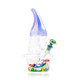 Angled view of Hemper Trippy Gnome XL glass bong with blue hat, clear gnome chamber, and colorful floral base artwork