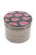 Closed 4-part metal grinder with dark finish and repeating red cloud decal design across the round lid