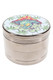 Closed 4-part metal grinder with silver-tone body and colorful mushroom character decal on the round lid