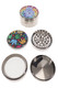 4-part metal grinders showing colorful leaf and illustrated hand decal lids, teeth, screen and included scraper