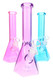 Three 10" colored glass hexagon beaker water pipes in pink, purple and blue with clear bowls and downstems