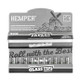 Open HEMPER Classic White combo pack showing king size papers above a row of ten clear glass tips