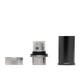 DaVinci EQ atomizer components disassembled with metal retention ring, connector, and black cylindrical cover