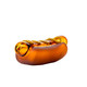 Angled rear view of amber Glizzy glass hand pipe with hot dog styling and raised mustard accent