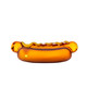 Side view of Glizzy hot dog hand pipe showing amber glass body, frosted bun, mustard detail and carb