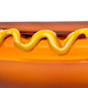 Detail view of raised yellow mustard swirl across the amber-orange hot dog glass pipe