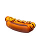 Amber-orange Glizzy hot dog glass hand pipe with frosted bun and raised yellow mustard swirl