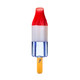 Rear view of red, white and blue popsicle glass hand pipe with yellow stick and question mark detail