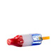 Side angle of popsicle glass hand pipe with red top, white center, blue base and extended yellow stick