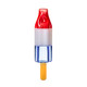 Front view of popsicle-shaped glass hand pipe with red top, white center, blue base and yellow stick