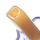 Close-up of rounded yellow stick end on popsicle-shaped glass hand pipe showing circular opening