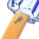 Close-up of yellow glass stick on popsicle hand pipe showing gray question mark decoration near blue base
