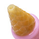 Close-up of golden waffle-textured cone and top opening on the pink ice cream cone Pivot top