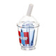 Three-quarter view of Sip-N-Dip Peak top with domed clear lid, white mouthpiece and blue interior glass