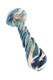 Close-up 4.5" silver-fumed glass spoon pipe with blue and cream spiral detailing throughout the bowl, stem and mouthpiece