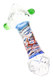 Close-up clear glass spoon pipe with multicolor blue and red paint-style stem pattern, green marbles and pointed bowl