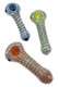 Three 4.5" silver-fumed glass spoon pipes with repeating bubble-dot patterns in blue, green, and orange tones