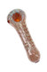 Close-up silver-fumed glass spoon pipe with warm orange bowl accents and repeating oval bubble-dot pattern