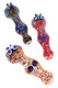 Three assorted 5" frit glass spoon pipes with colorful critter details, raised glass accents, and varied fumed finishes