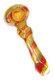 Close-up 5" glass spoon pipe showing red, yellow, and green spiral striping, rounded bowl, and twisted body accent