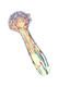 Close-up 4.5" glass spoon pipe with blue and red frit details, yellow-toned body, raised marbles, and rounded bowl