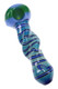 Close-up twisted glass spoon pipe with aqua and dark blue stripes, green-and-blue bowl, and curved body