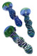 Three twisted glass spoon pipes with blue, aqua and green coloring, striped patterns, and rounded bowls