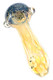 Close-up gold-fumed glass spoon pipe with yellow-toned stem, dark blue frit bowl, bubble detail, and clear marble