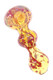 Close-up 4" glass spoon pipe with warm yellow body, red frit details, red stripe accents, and rounded bowl