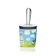 Back view of Hemper ice cream pint hand pipe showing clear glass stem, black rim, cloud graphics, and printed label