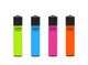 Four Clipper Classic Mini reusable lighters shown in fluorescent green, blue, pink, and orange colors