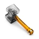 Angled Hemper Medieval Warhammer glass hand pipe showing amber handle, black hammer head, and bowl opening