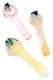 Three assorted 5" glass spoon pipes with pink, cream, and yellow spiral stems and colorful critter accents above the bowls