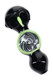 Black glass owl pipe with neon green beak and trim, double bowls, and black-and-white reverse spiral center detail