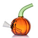 Side profile of Jack O'Ripper orange pumpkin bubbler with frosted cone opening and green curved mouthpiece