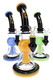 Three 9.5" 6B Glass black water pipes with amber, blue and green neon accents for wholesale smoke shop displays.