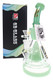 9" green 6B Glass water pipe with clear beaker chamber, cone perc and branded box for retail glass showcases.